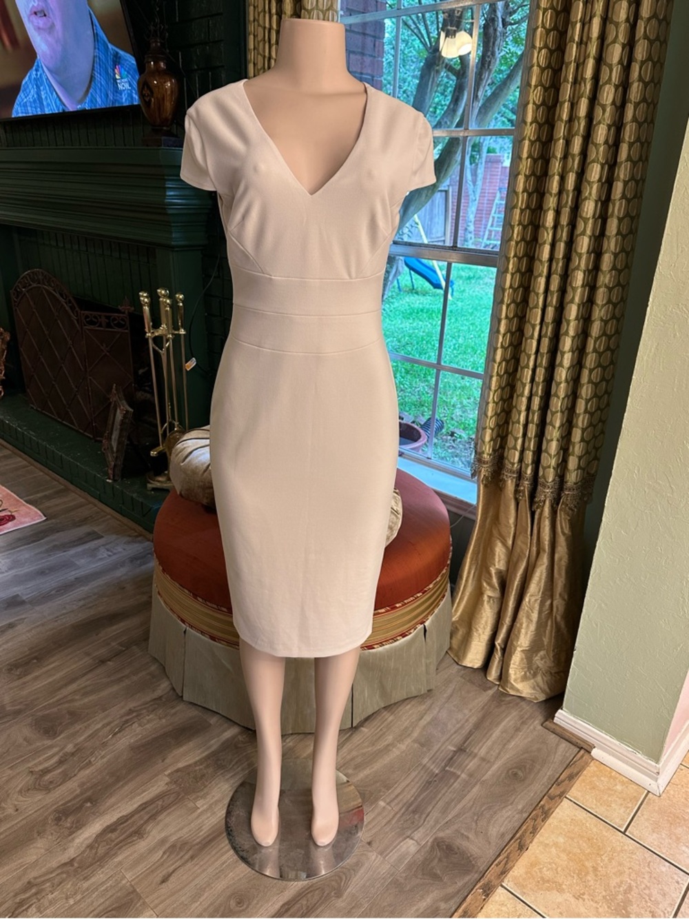 Donna Morgan Ivory Draped V-Neck Cap Sleeve Midi Dress